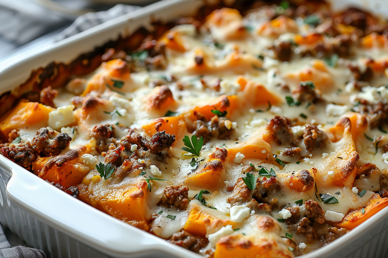 Süßkartoffel-Hackfleisch-Auflauf mit Feta aus dem Ofen recipe card image