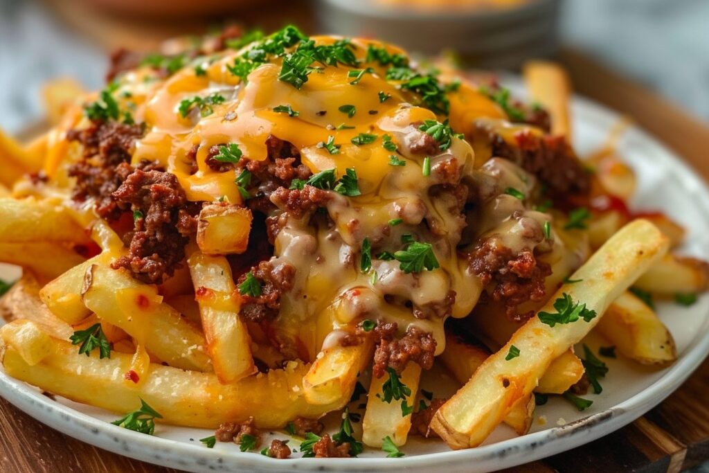 Pommes Frites mit Hackfleisch und Cheddar featured
