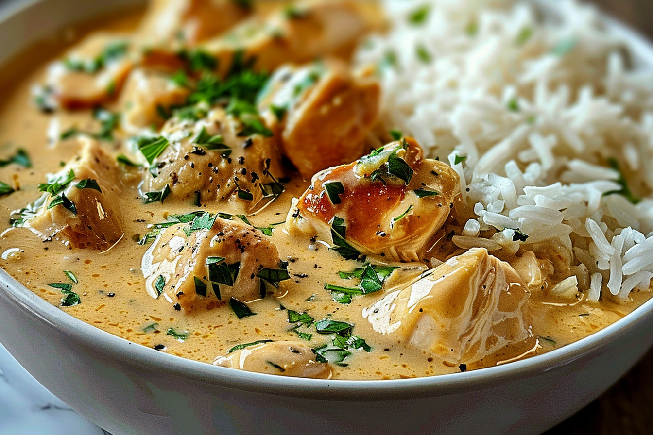 Cremiges Hähnchen mit Reis einfaches One Pot Rezept featured image