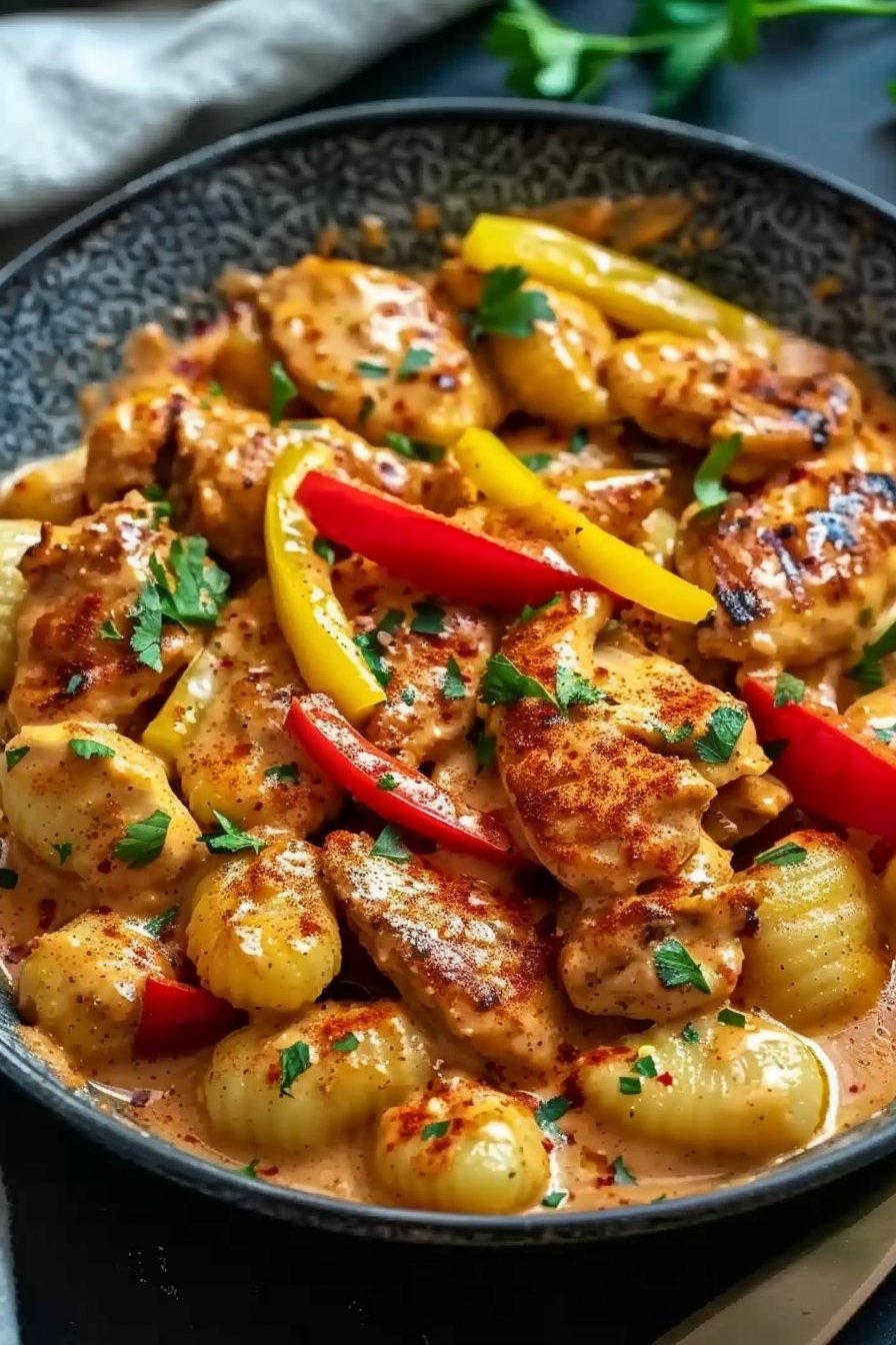 Paprika-Sahne-Hähnchen mit Gnocchi serving