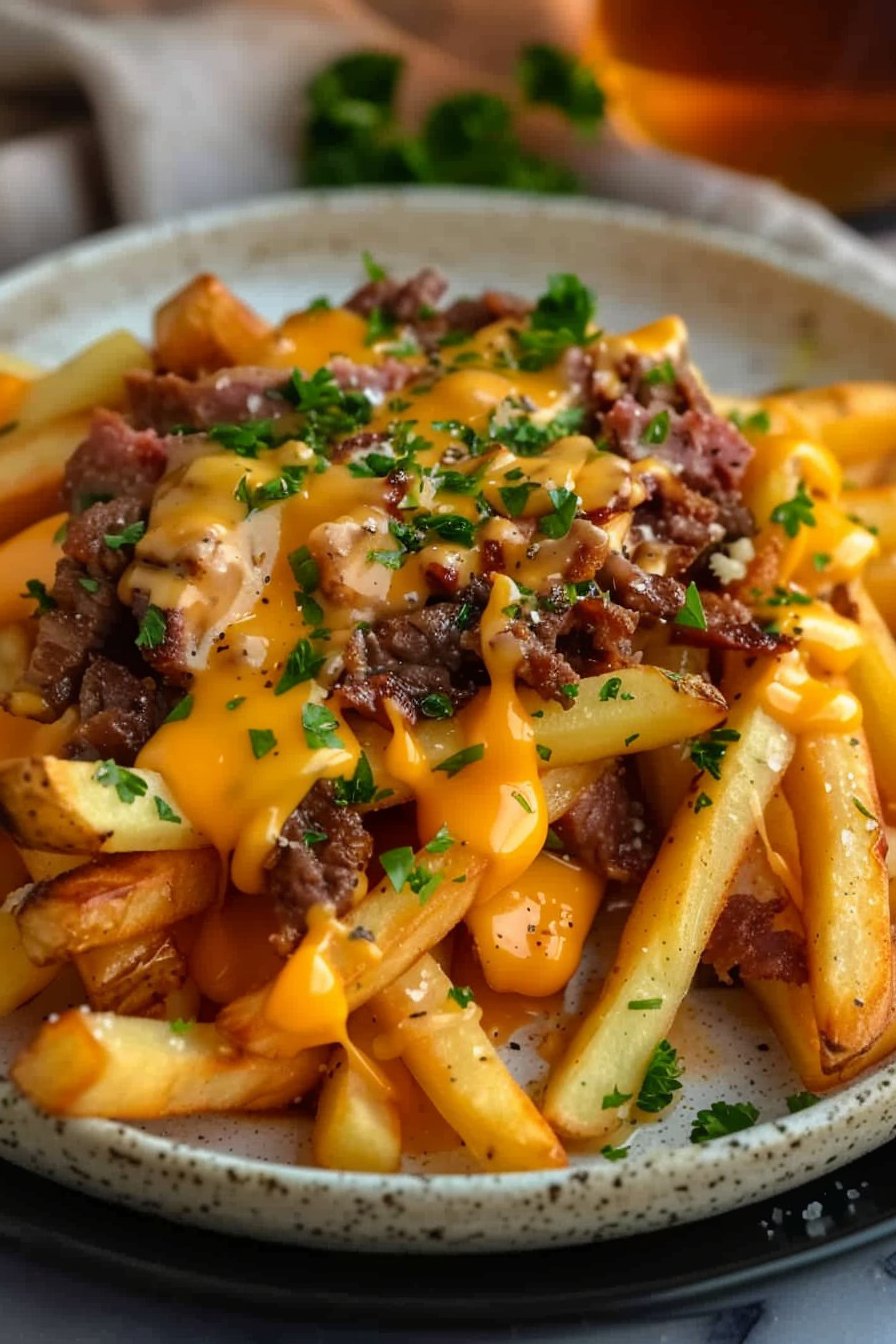 Pommes Frites mit Hackfleisch und Cheddar serving
