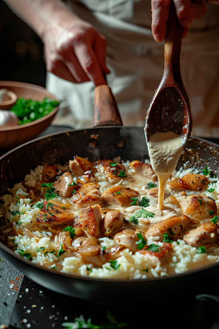 Cremiges Hähnchen mit Reis einfaches One Pot Rezept instructions image