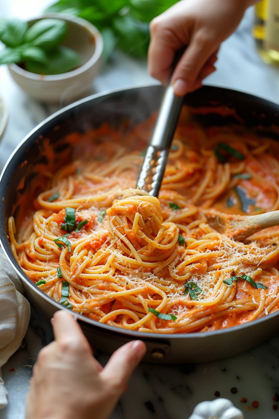 🍅 Creamy Tomato Garlic Pasta 🧄🍝 instructions process