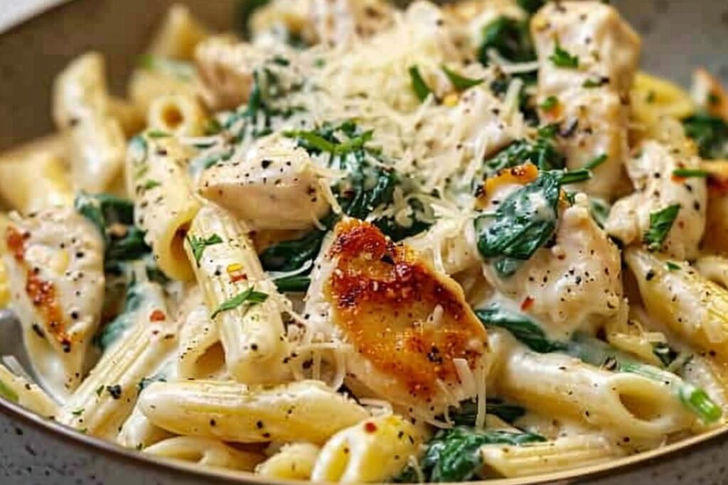 Frischkäse Spinat Hähnchen Pasta featured