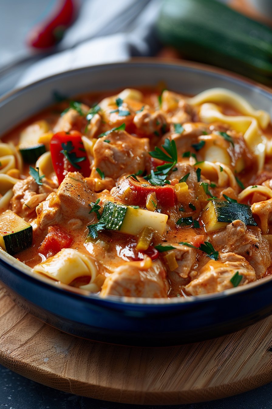 Cremiges Putengulasch mit Zucchini & Schmand serving