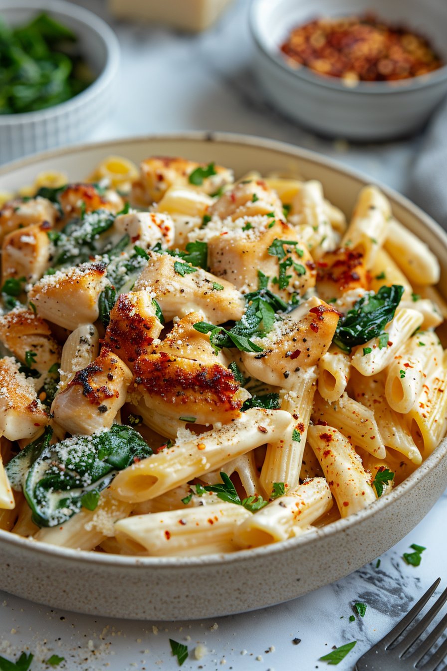 Frischkäse Spinat Hähnchen Pasta serving
