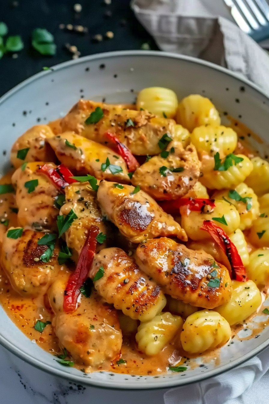 Paprika-Sahne-Hähnchen mit Gnocchi serving