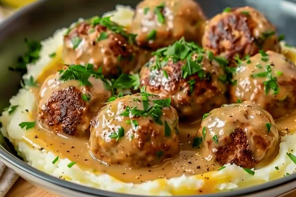 Hackbällchen in cremiger Sauce mit Kartoffelpüree – Ein herzhafter Genuss für die ganze Familie featured