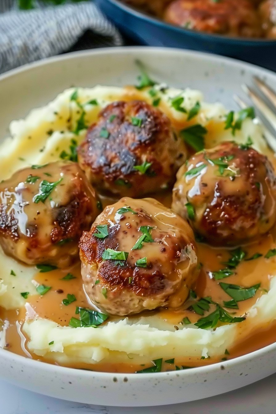 Hackbällchen in cremiger Sauce mit Kartoffelpüree – Ein herzhafter Genuss für die ganze Familie serving