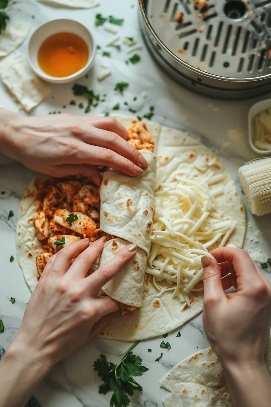Knusprige Hähnchen-Mozzarella-Wraps aus dem Airfryer instructions process