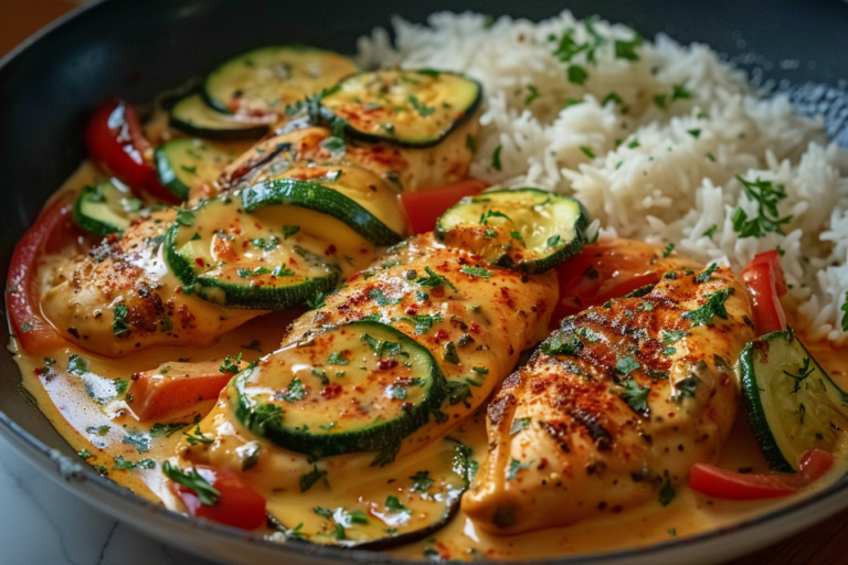 Paprika-Zucchini-Sahne-Hähnchen als schnelles Pfannengericht featured image