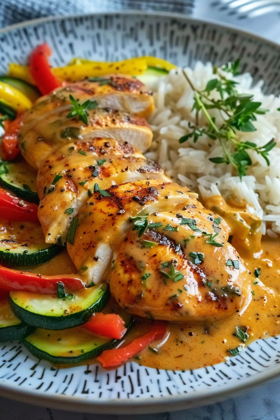 Paprika-Zucchini-Sahne-Hähnchen als schnelles Pfannengericht serving image