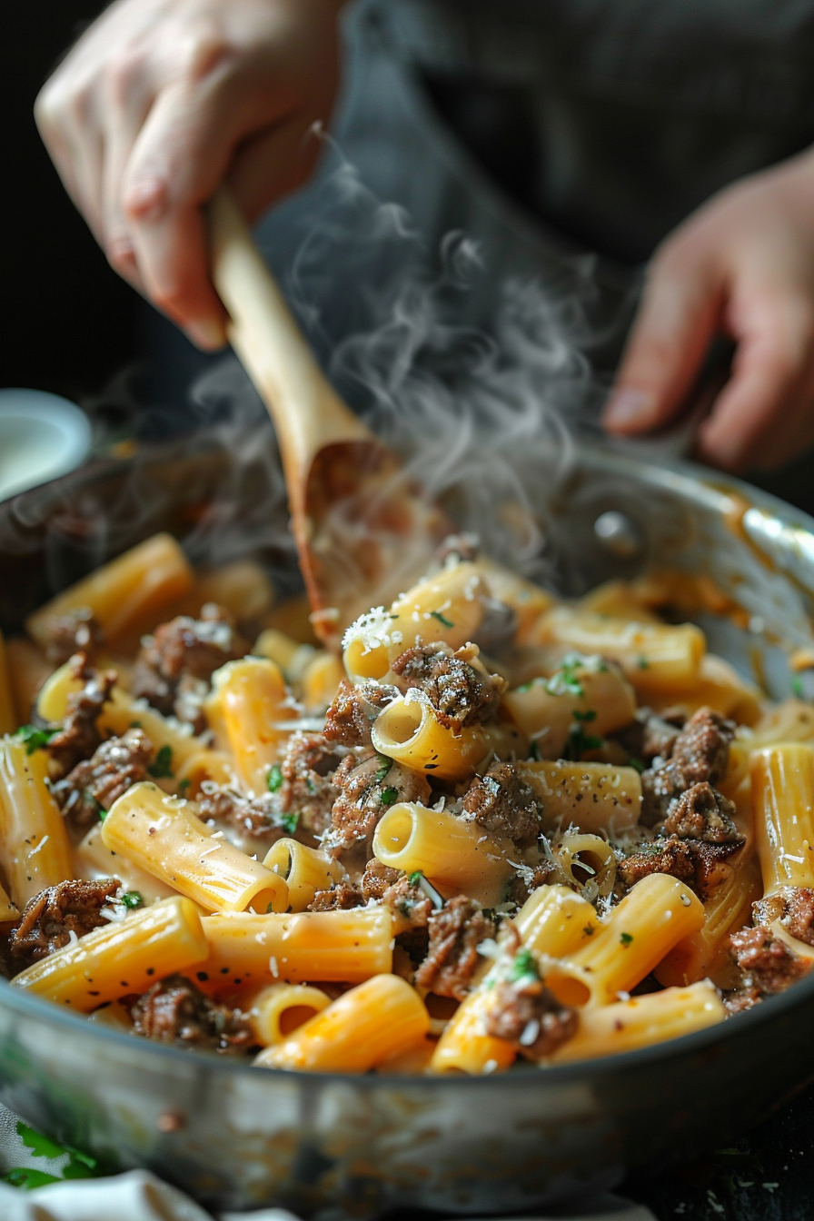 Cremiges Parmesan Rindfleisch mit Rigatoni Pasta instructions image