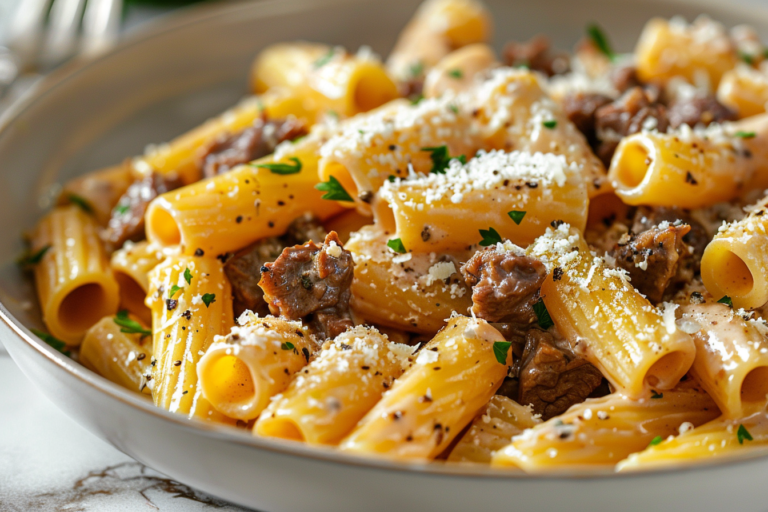 Cremiges Parmesan Rindfleisch mit Rigatoni Pasta featured image