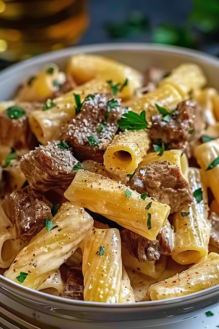 Cremiges Parmesan Rindfleisch mit Rigatoni Pasta serving image