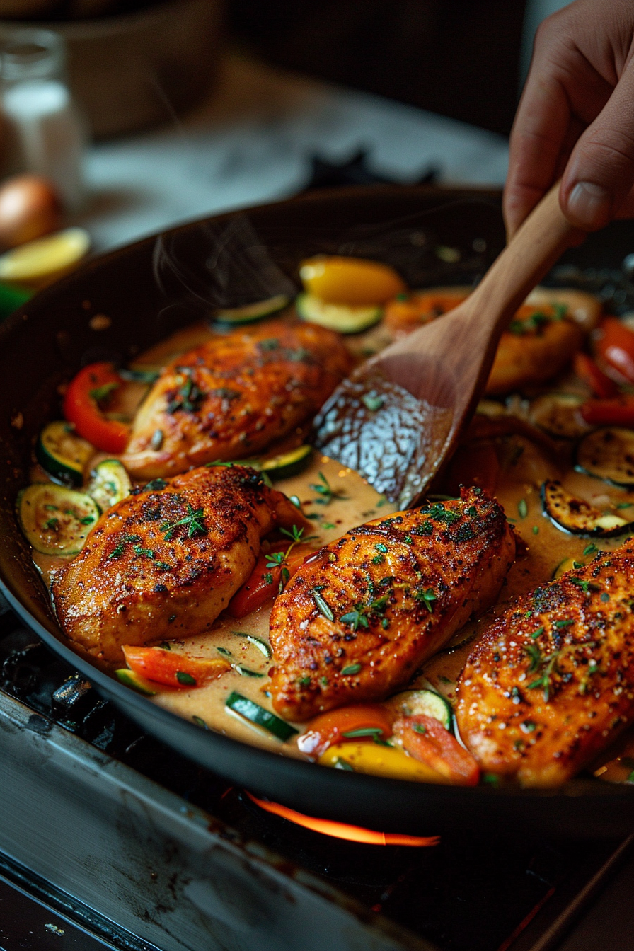 Paprika-Zucchini-Sahne-Hähnchen als schnelles Pfannengericht instructions image