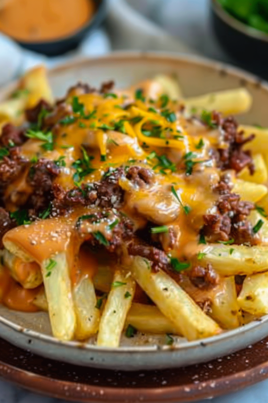 Pommes Frites mit Hackfleisch und Cheddar überbacken aus dem Ofen serving image