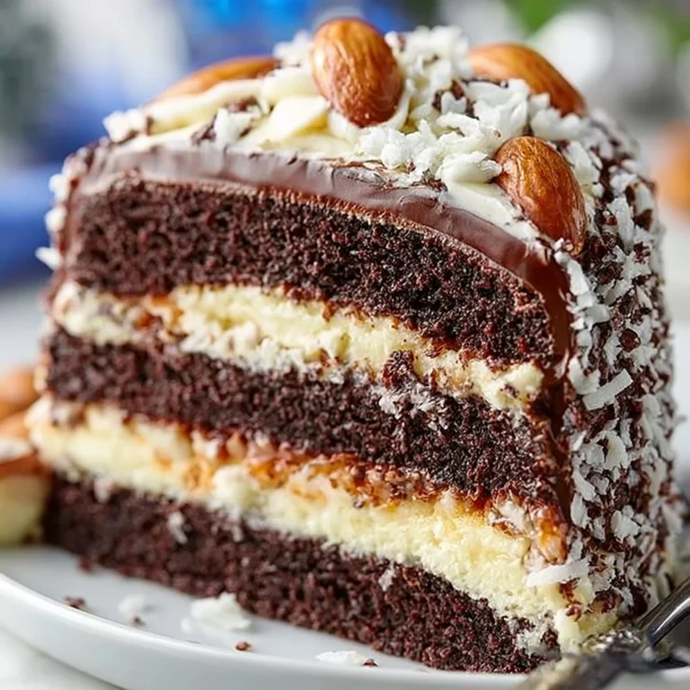 Almond Joy Schichtkuchen mit Schokolade, Kokosnuss und Mandeln