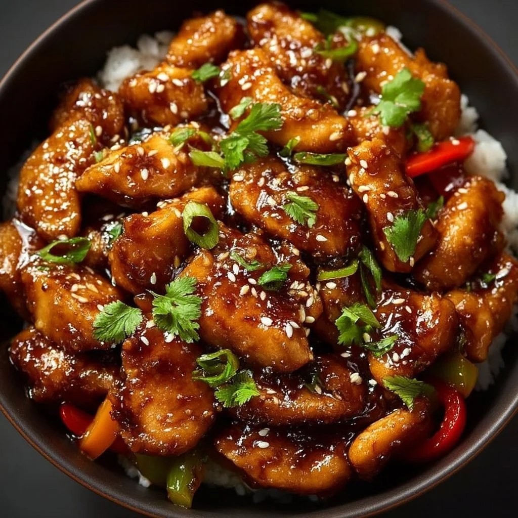 Authentisches Mongolisches Hähnchen mit Gewürzen und Beilagen serviert.