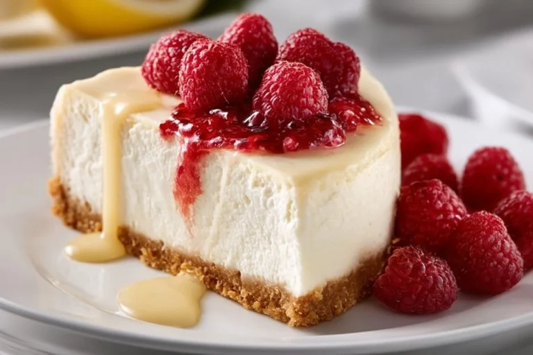 Baked Cheesecake mit griechischem Joghurt auf einem eleganten Teller serviert.