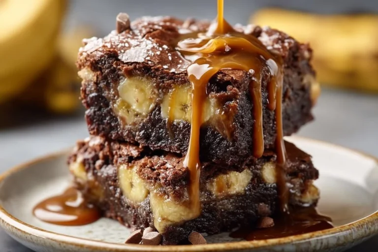 Leckeres Bananenbrot Brownies auf einem Teller, dekoriert mit Schokoladensauce.