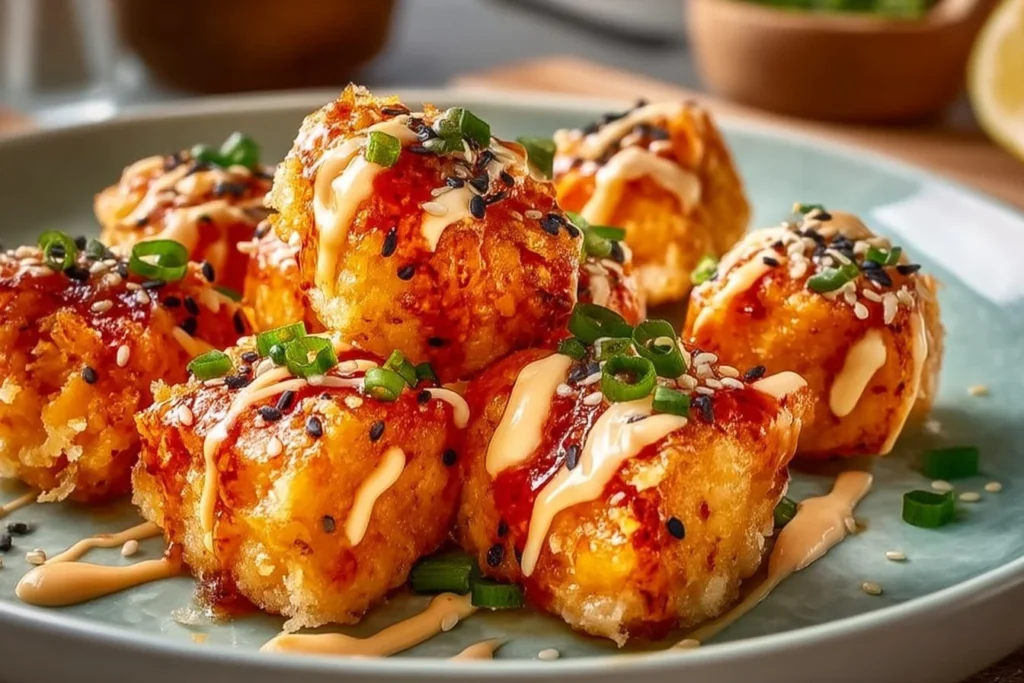 Leckere Bang Bang Lachs Bissen auf einem Teller serviert