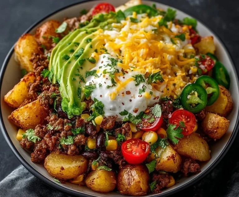 Beladene Kartoffel-Taco-Schüssel mit frischen Zutaten und Toppings.
