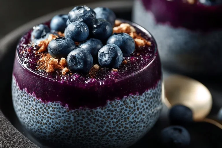 Leckerer Blaubeer-Chia-Pudding in einer Schüssel mit frischen Blaubeeren