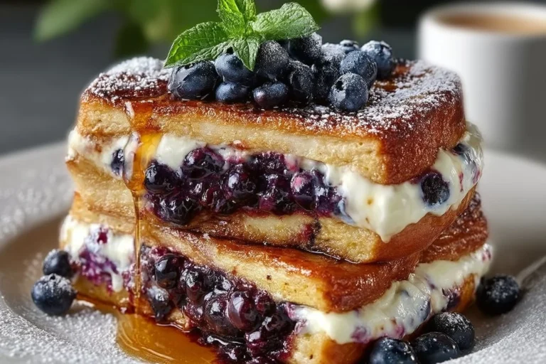 Blaubeer-Käsekuchen gefülltes French Toast mit frischen Blaubeeren