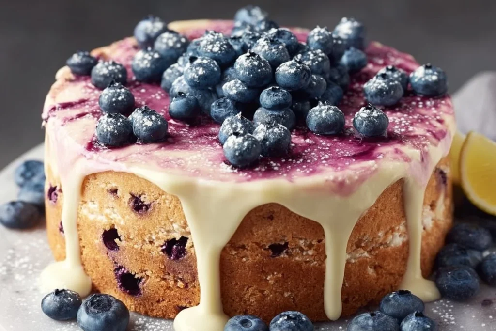 Delizierter Blaubeer-Layer-Cake mit frischen Blaubeeren und Sahnefüllung.