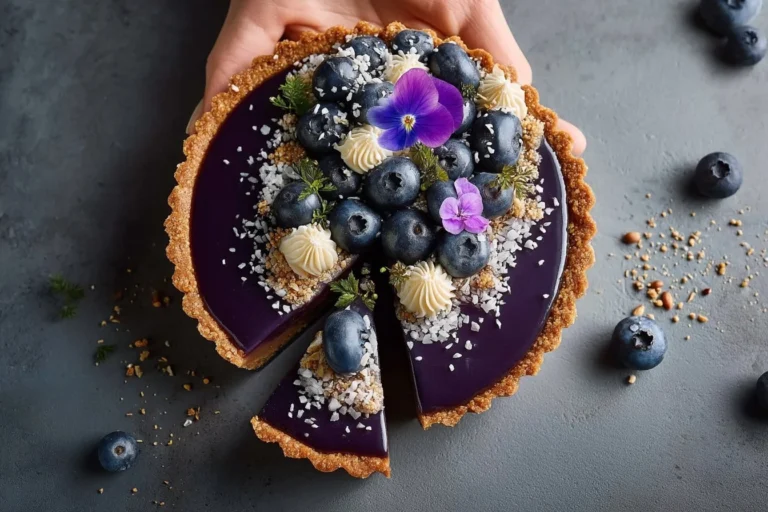 Blaubeertorte mit frischen Blaubeeren und Sahne, perfektes Dessert.