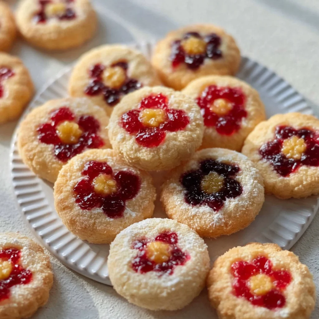 Daumenabdrück Kekse mit Blüten Marmeladen auf einem Holzbrett
