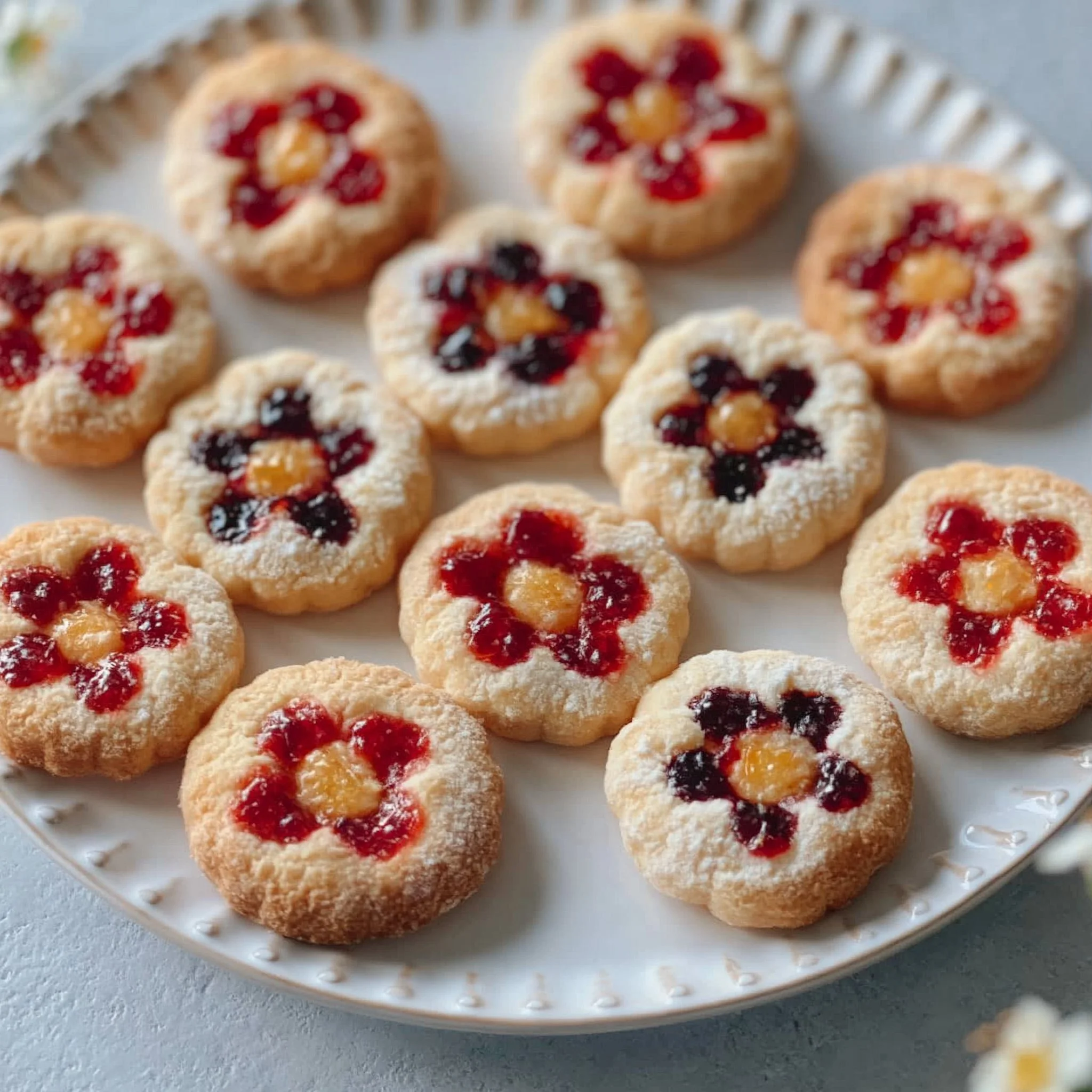 Blüten-Marmeladen-Daumenabdrück-Kekse