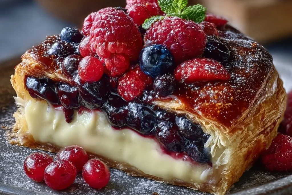 Böhmischer Käsekuchen Dänisch mit Beeren auf einem Teller