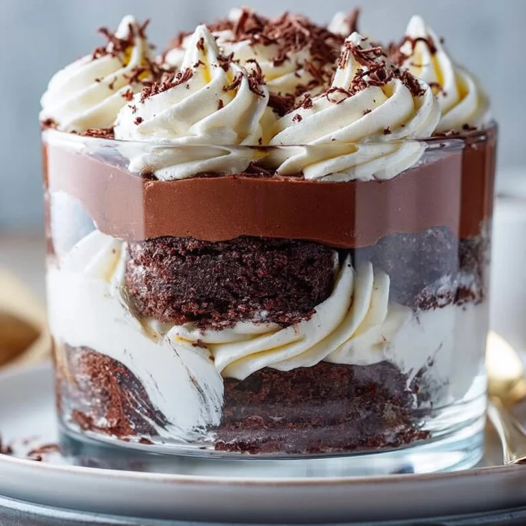 Leckeres Brownie-Trifle mit Schichten aus Brownies und Pudding.