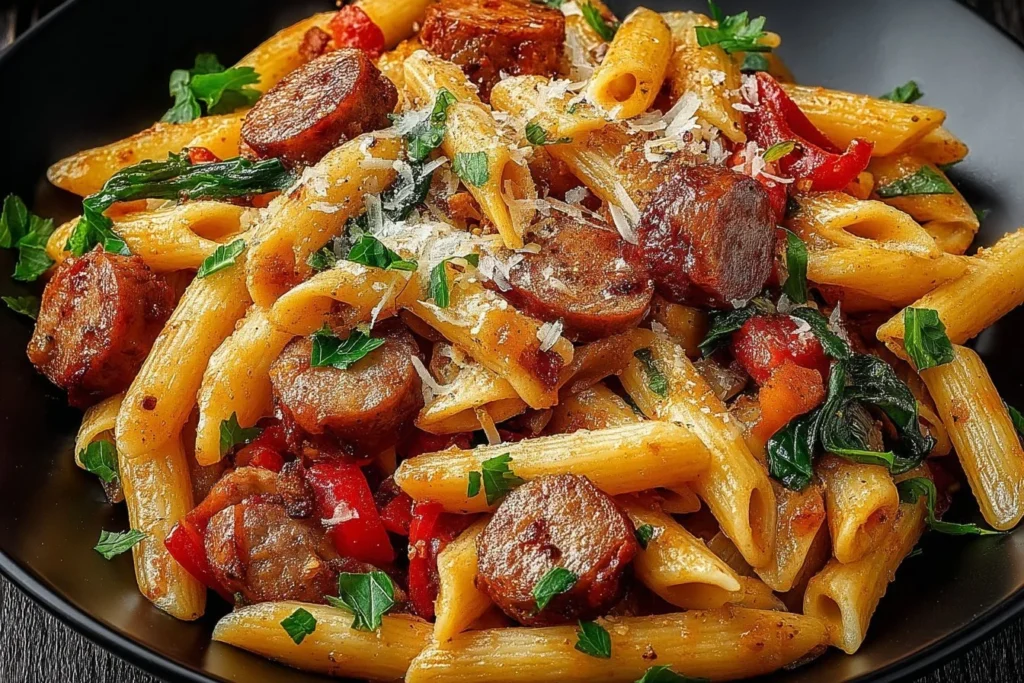 Cajun Würstchen Pasta mit würzigen Wurststücken und frischen Kräutern.
