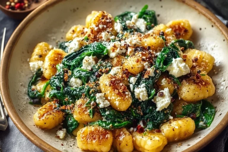 Cremige Gnocchi mit Spinat und Feta auf einem Teller serviert