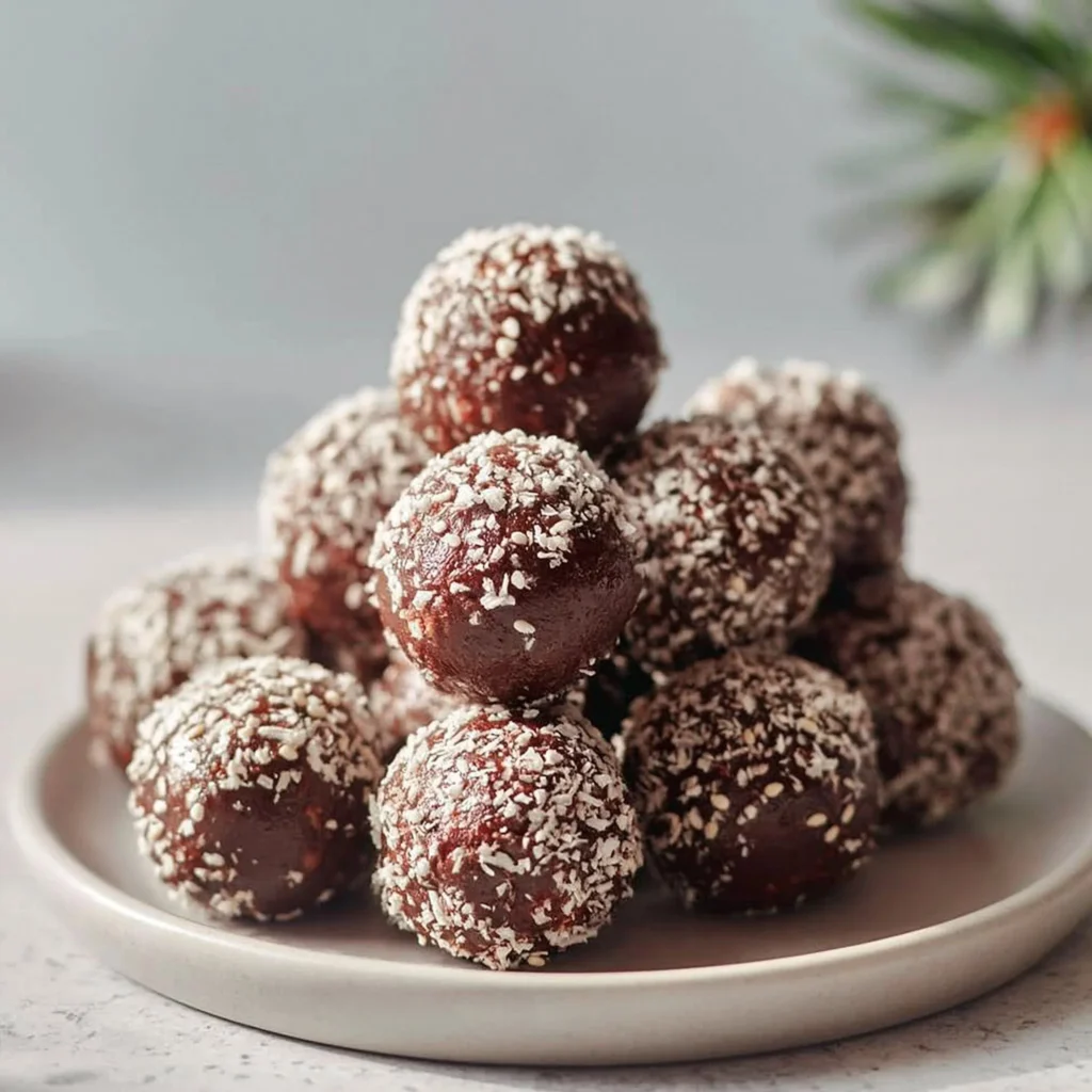 Gesunde Dattel Brownie Bällchen auf einem Teller