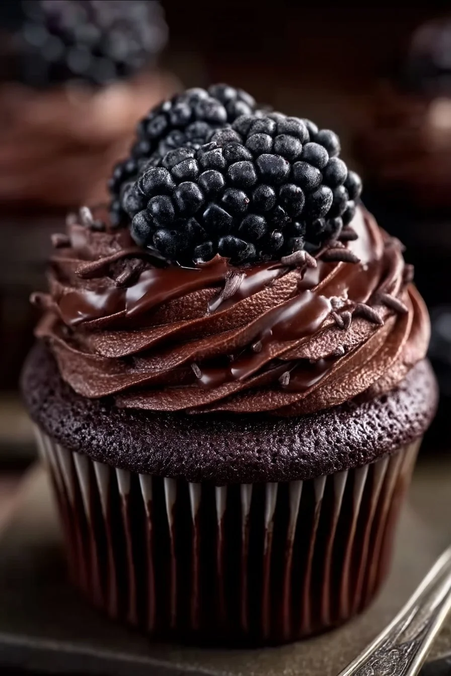 Dunkle Schokoladen-Brombeer-Cupcakes