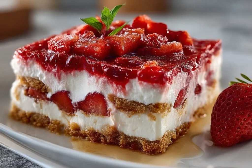 Erdbeer-Cheesecake-Lasagne mit frischen Erdbeeren und cremiger Füllung