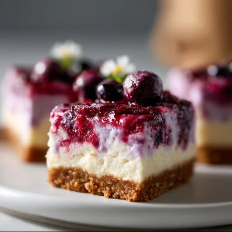 Erdbeer-Käsekuchenriegel auf einem Teller, dekoriert mit frischen Erdbeeren