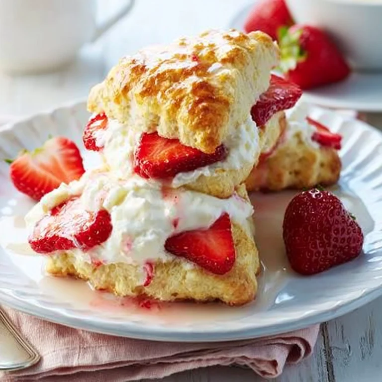 Frisch gebackene Erdbeer-Sahne-Scones auf einem weißen Teller