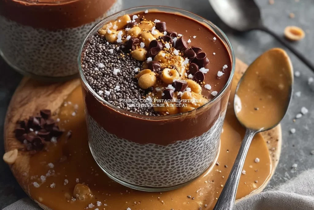 Erdnussbutter Schokoladen Chia Pudding mit frischen Zutaten und Schokolade
