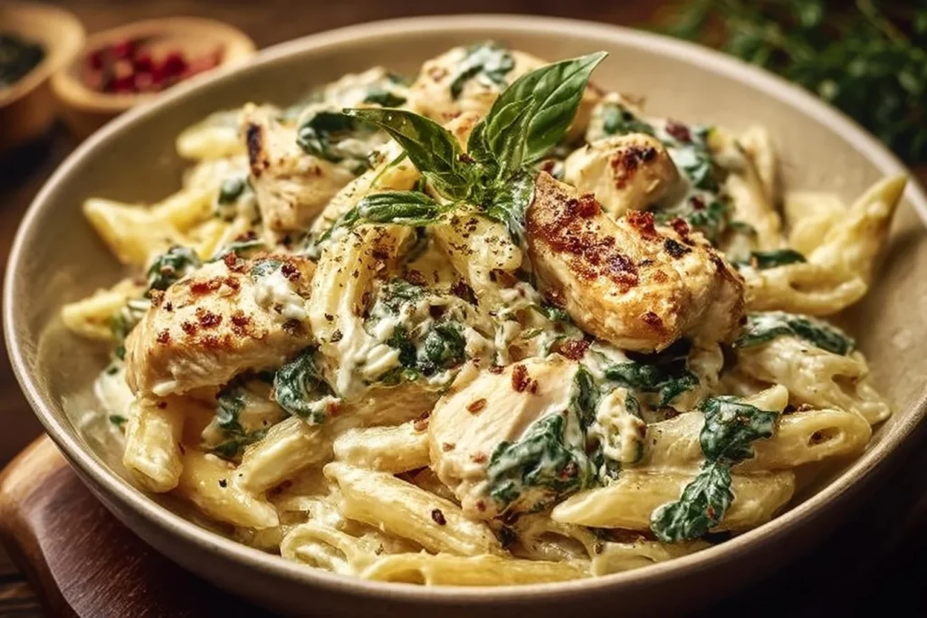Cremige Frischkäse Spinat Hähnchen Pasta auf einem Teller serviert