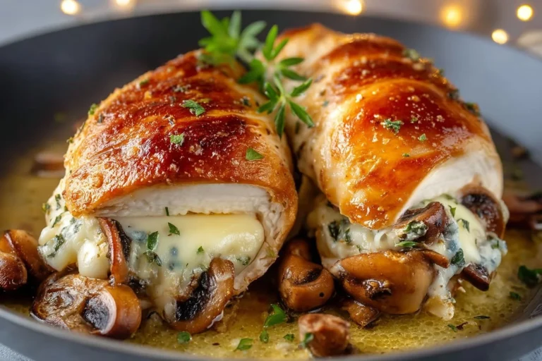Gefüllte Hähnchenbrust mit Pilzen und Käse auf einem Teller