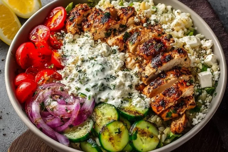 Griechische Hühnchen-Schalen mit frischem Gemüse und aromatischen Gewürzen.