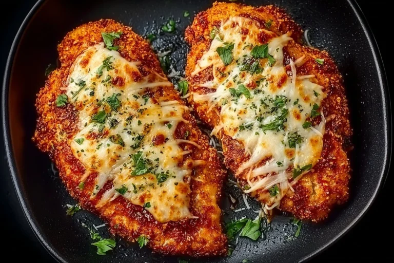 Hähnchen Parmesan zubereitet in der Heißluftfritteuse, serviert mit Beilage