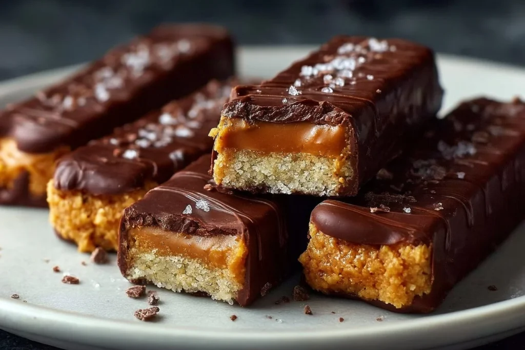 Hausgemachte Twix-ähnliche Riegel aus Karamell und Schokolade