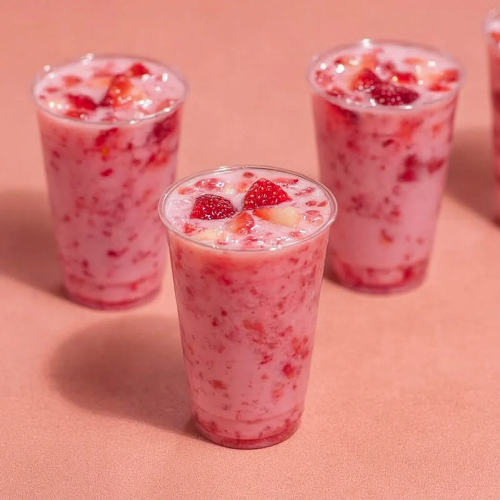 Hausgemachter Pink Drink in einem Glas mit Eis und frischen Früchten.