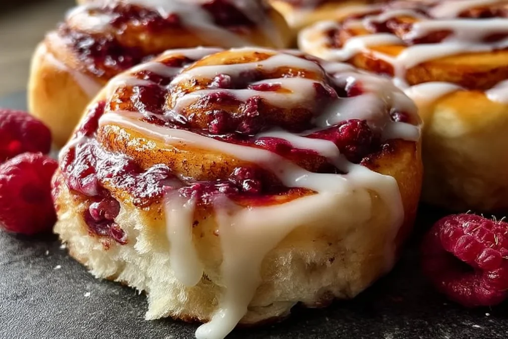 Leckere Himbeer-Zimtrollen frisch gebacken mit fruchtiger Füllung